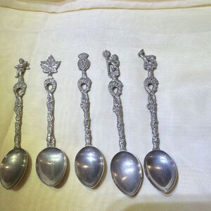 Set of Silver Metal Collectible Demitasse Spoons with Decorative Handles & Motif